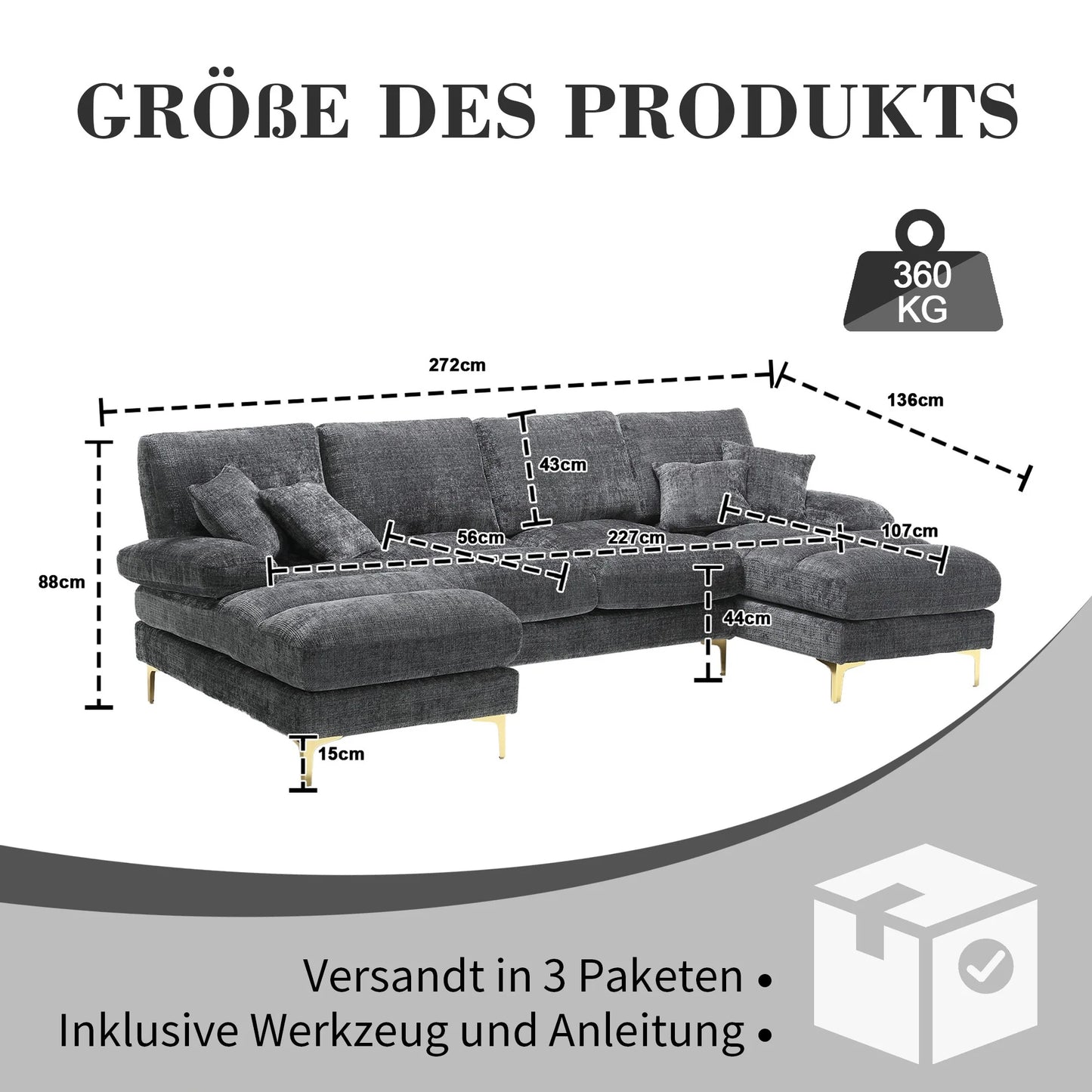 Hoekbank – Loungebank – Zithoek – Modulaire Bank – Donkergrijs – Hoogwaardig Chenille – Gouden Metalen Pootjes 15 cm