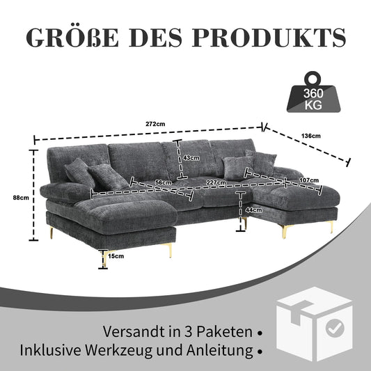 Hoekbank – Loungebank – Zithoek – Modulaire Bank – Donkergrijs – Hoogwaardig Chenille – Gouden Metalen Pootjes 15 cm