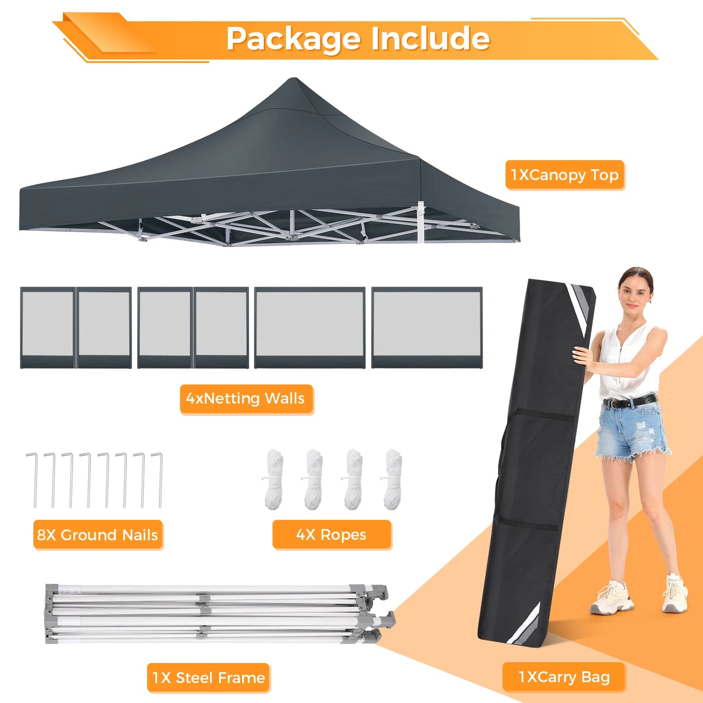 Opvouwbaar Tuinhuisje – Pop-Up Tent – Overkapping – Insectenbescherming – Waterdicht Oxford – Drie Verstelbare Hoogtes - Grijs - QUORE