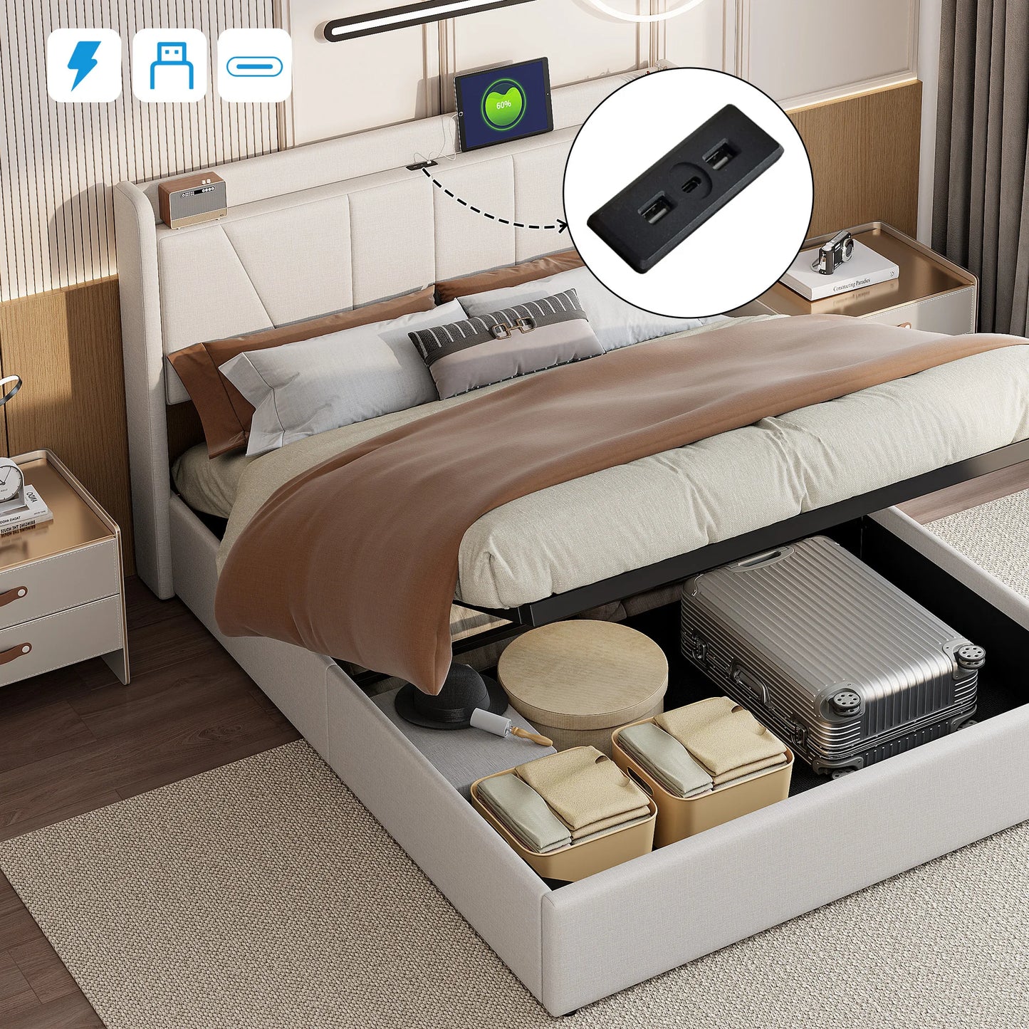Comanlai 140 x 200 cm Upholstered Bed,Hydraulic Storage Bed,with USB and Type-C,Youth Bed,Without Mattress,Linen Fabric,Beige