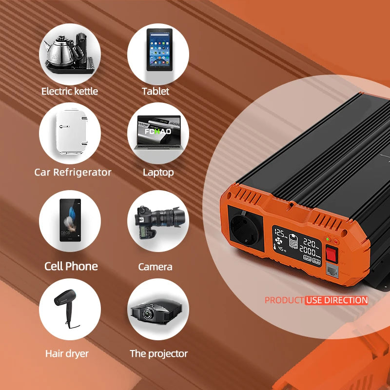 Pure Sine Wave Omvormer – Zuivere Sinusgolf Omvormer – Spanningsomvormer – 12V 24V Converter – 1500W Continu Vermogen – LCD Display - QUORE