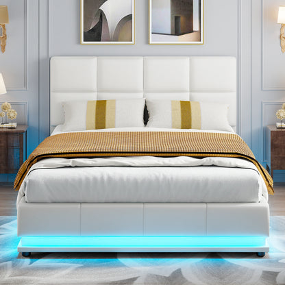 Tweepersoonsbed – Bedframe – Opbergbed – Led Bed – Verstelbaar Hoofdeinde – 140x200 cm Grijs – Hydraulische Opbergruimte – PU Bekleding - QUORE