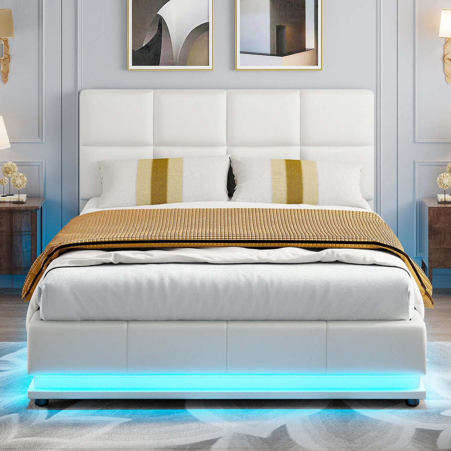 Tweepersoonsbed – Led Bed – Opbergbed – Modern Bed – Wit Gestoffeerd – 140x200 cm – Verstelbaar Hoofdbord – Hydraulische Opbergruimte
