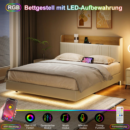 Bedframe 140x190 cm – Zwevend Bed – Led Verlichting Bed – Double Bed – Stalen Bedframe – Met Usb Oplaadpunt – Modern Zwevend Design – RGB Led Sfeerlicht