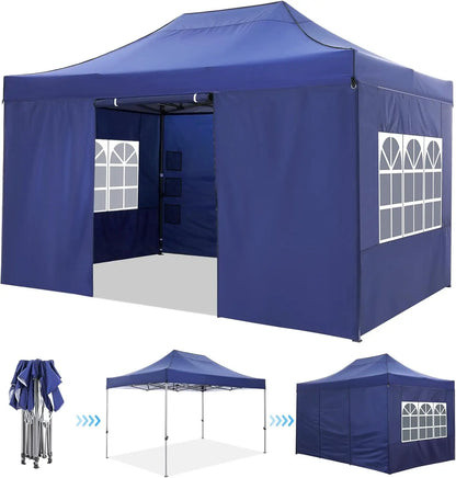 Tuinpaviljoen – Partytent – Inklapbaar Tuinhuisje – Overkapping – Beschutting – Waterdicht Polyester – Staal Frame - 3x4.5m - Marineblauw - QUORE