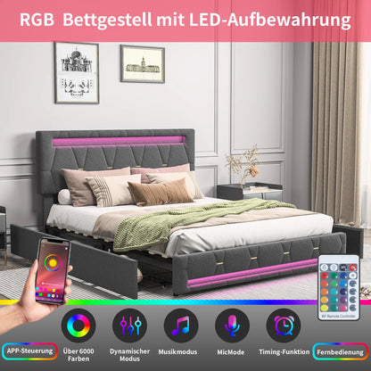 Bedframe – Gestoffeerd Bed – Tweepersoonsbed – Bedbank – Slaapbank – Grijs Linnen – 160x200 cm – 4 Ruime Lades – Verstelbaar Hoofdeinde