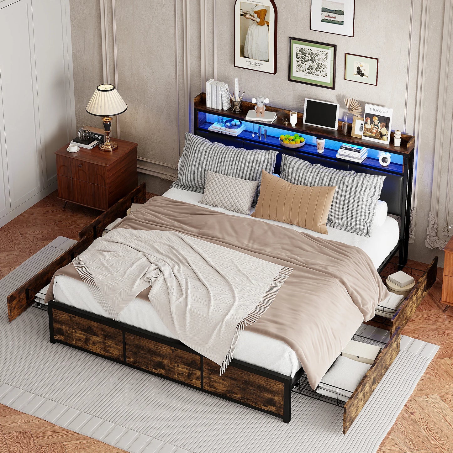 Led Bed – Opbergbed – Tweepersoonsbed – Gestoffeerd Bed – Slaapbank – 140x200 cm – LED Verlichting & 4 Lade Opbergruimte