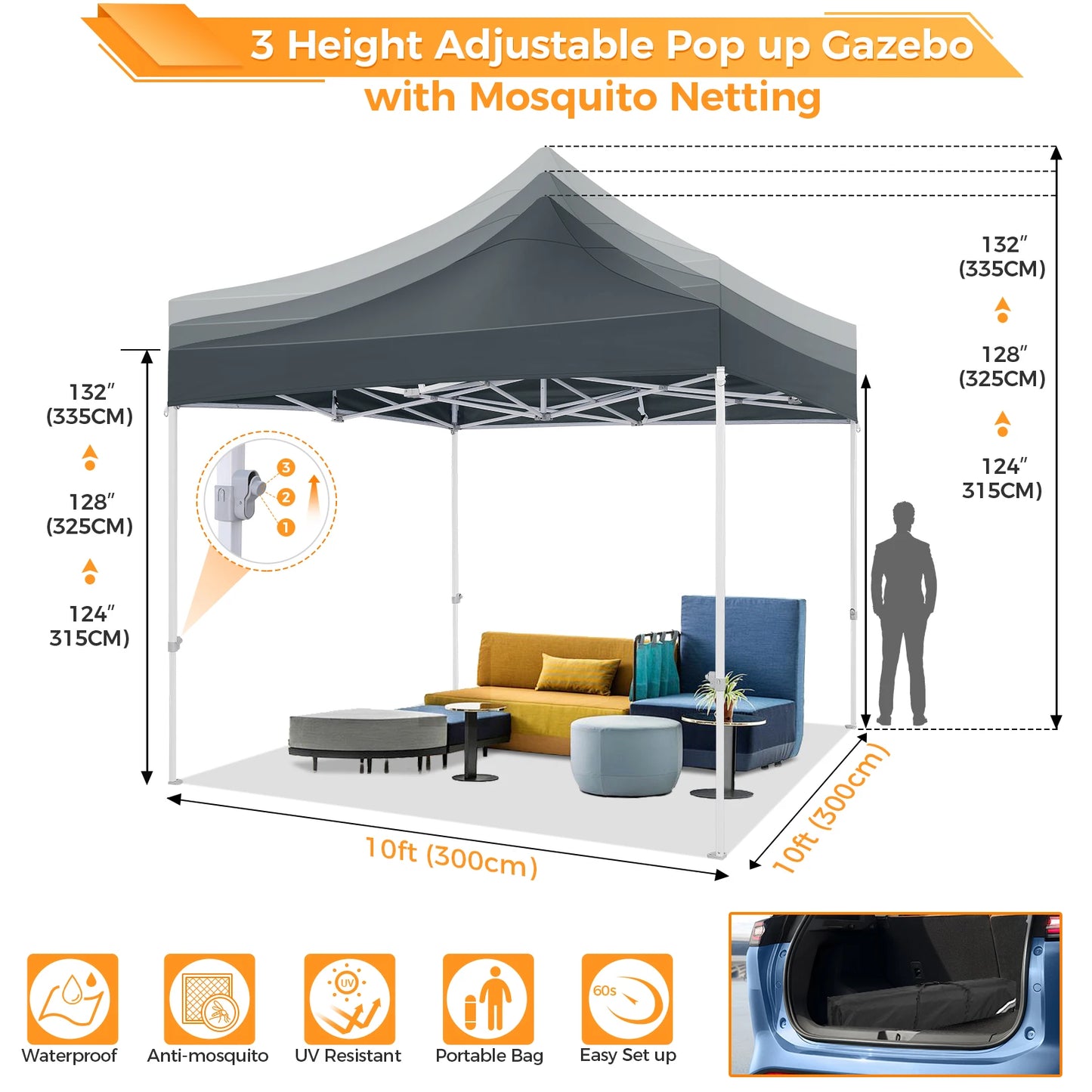 Opvouwbaar Tuinhuisje – Pop-Up Tent – Overkapping – Insectenbescherming – Waterdicht Oxford – Drie Verstelbare Hoogtes - Grijs - QUORE