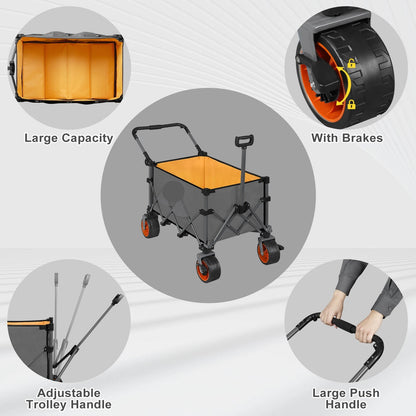 Bolderkar - Transportkar - Handkar - Bolderkar Opvouwbaar - Bolderwagen - met Remmen en Draagtas - Bolderkarren - voor Strand, Tuin, Camping en Alle Terreinen - Donkergrijs met Oranje Accenten