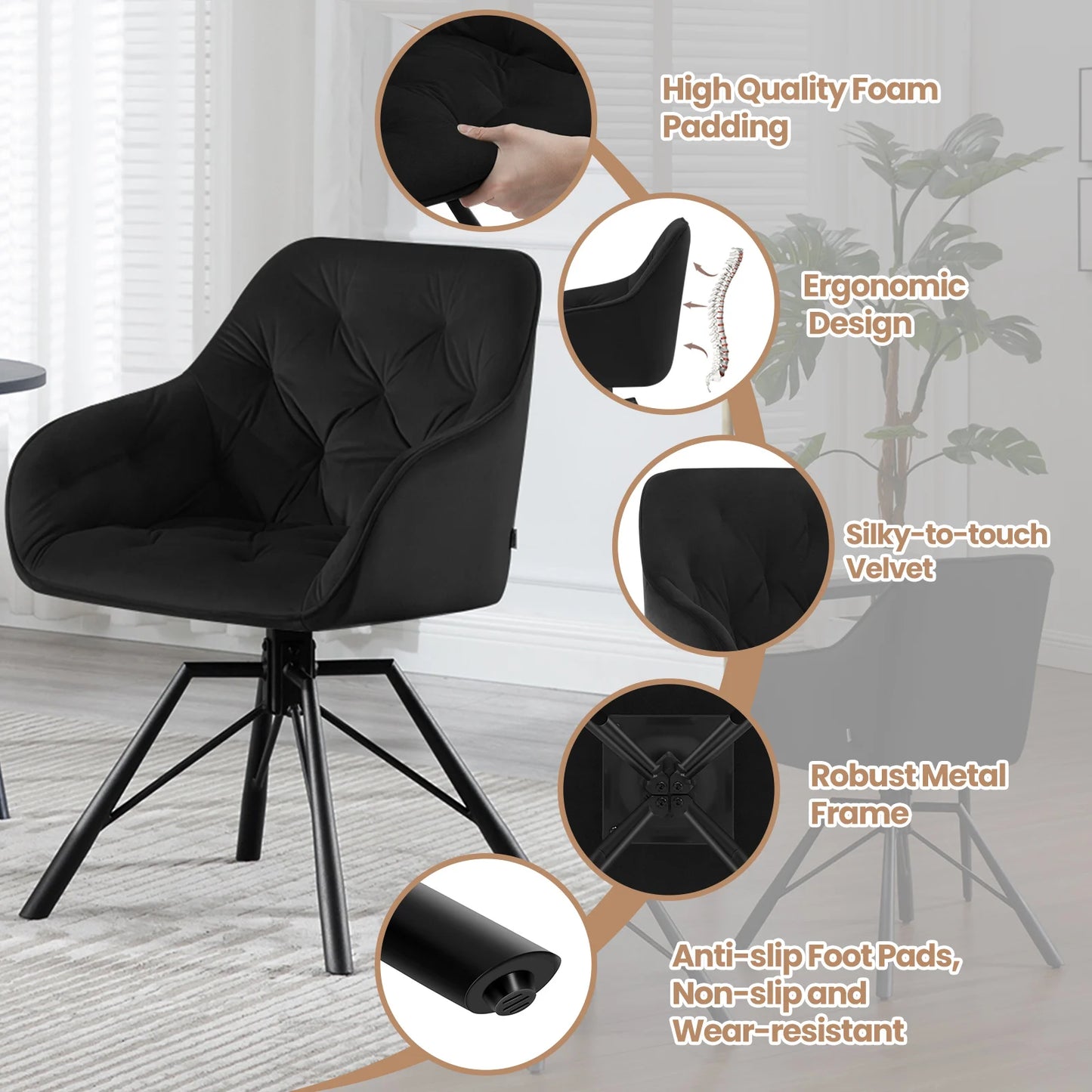 Draaibare Eetkamerstoelen – Set van 2 - Eetstoel – Bureaustoel – Leesstoel – Comfortstoel – Ergonomisch Design – 360° Draaibaar - Fluweel - Zwart