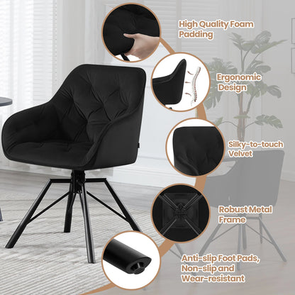 Draaibare Eetkamerstoelen – Set van 2 - Eetstoel – Bureaustoel – Leesstoel – Comfortstoel – Ergonomisch Design – 360° Draaibaar - Fluweel - Zwart