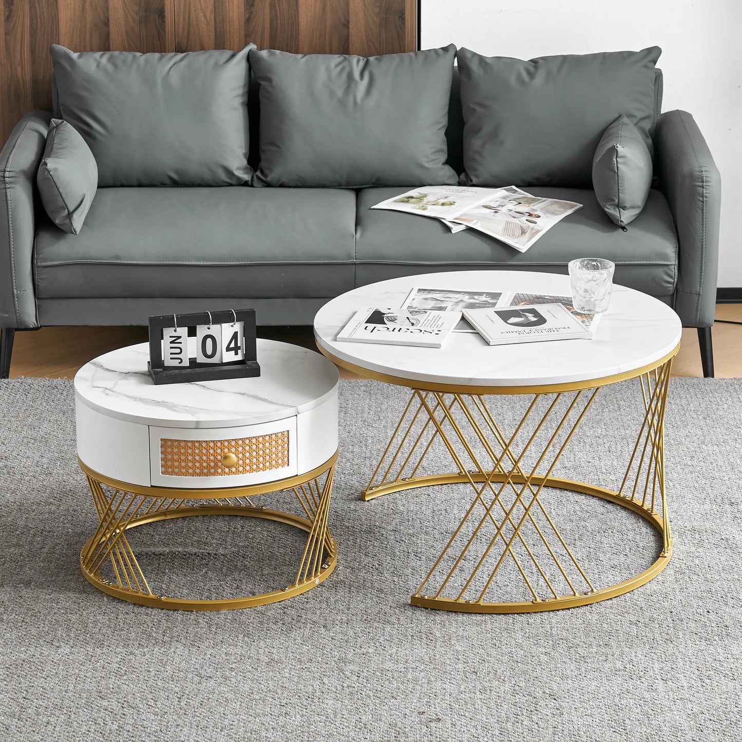 Salontafel Set – Nestbare Tafels – Witte Marmer Salontafel – Lage Tafels – Met Lade – Met Gouden Details