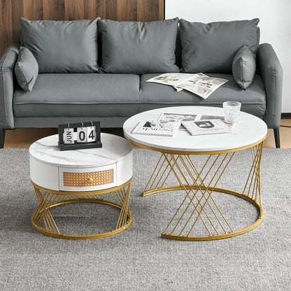 Salontafel Set – Nestbare Tafels – Witte Marmer Salontafel – Lage Tafels – Met Lade – Met Gouden Details