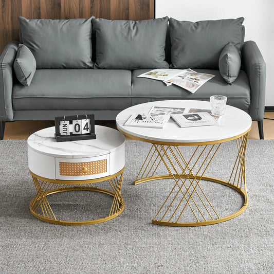Salontafel Set – Nestbare Tafels – Witte Marmer Salontafel – Lage Tafels – Met Lade – Met Gouden Details