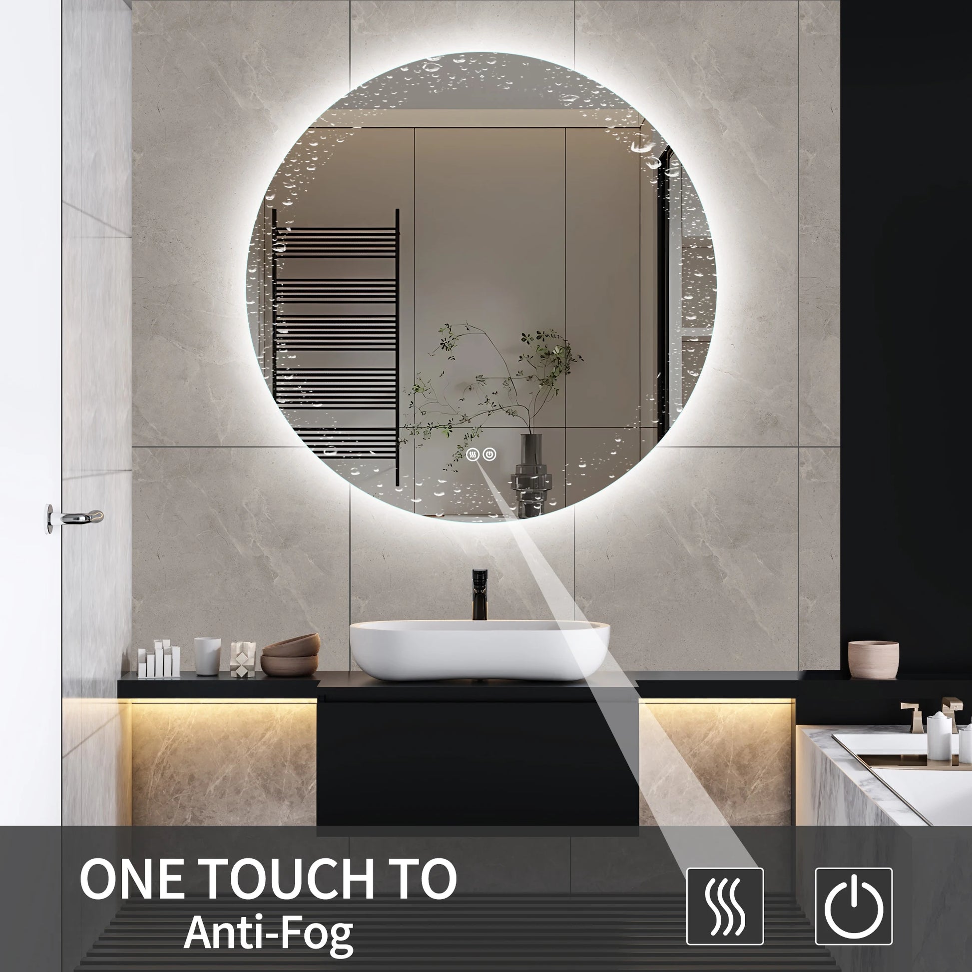 Badkamerspiegel - met LED - Wandspiegel Rond - Badkamerspiegel met Verlichting - IP44 Waterdicht - Anti-condens - Dimbaar - Backlit - 3 Lichtkleuren - Touchschakelaar - 80x80cm - QUORE