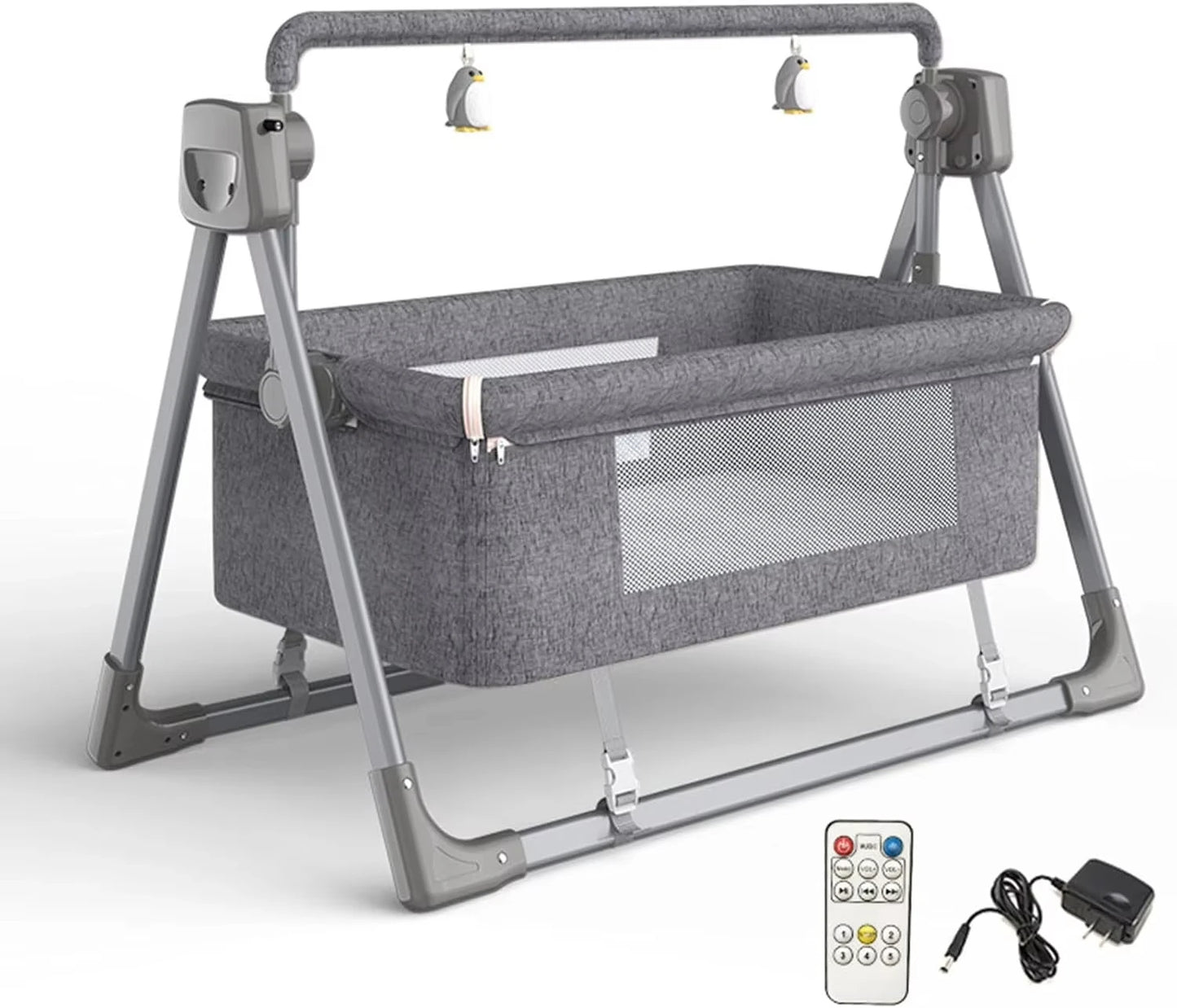 Elektrisch Babybed - Babybed - Babybedje - Wieg - Ledikant - Schommelbed - 3-in-1 - Verstelbare Hoogte - met Muskietennet - App-besturing - Afstandsbediening - Donkergrijs