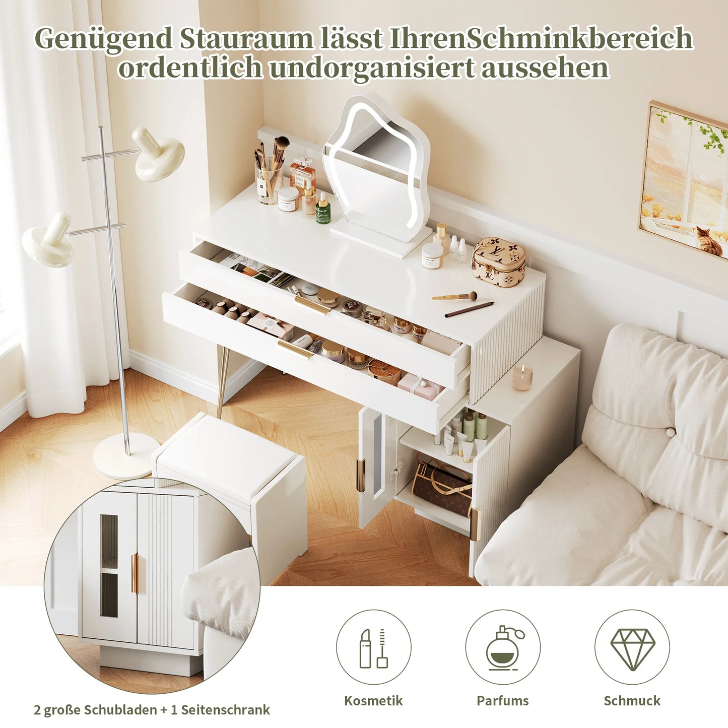 Make-uptafel – Kaptafel – Kosmetische tafel – Make-up dressing – Witte dressing table – LED-spiegel met 3 lichtstanden – Grote lades en flexibel ontwerp