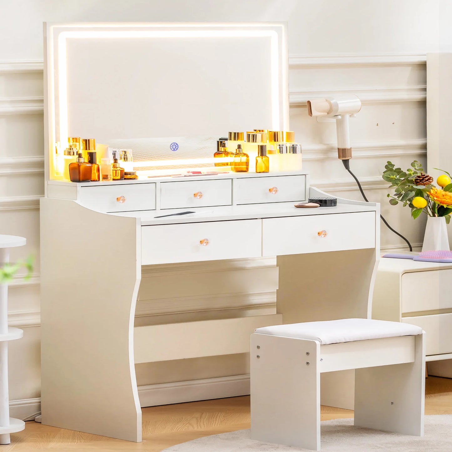 COMHOMA dressing table, dressing table E with lighting and 5 drawers, with adjustable LED lighting and sockets
