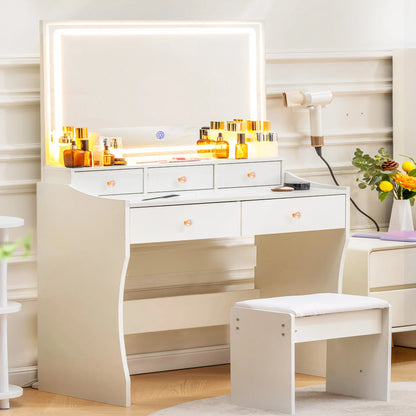 COMHOMA dressing table, dressing table E with lighting and 5 drawers, with adjustable LED lighting and sockets