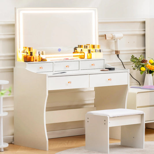 COMHOMA dressing table, dressing table E with lighting and 5 drawers, with adjustable LED lighting and sockets