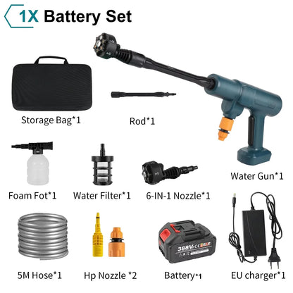 Elektrische Hogedruk Waterpistool - Hogedrukreiniger - Hogedrukspuit - Hogedruk Auto-Wasser - 200Bar - Brushless - 6-in-1 - 18V - Draadloze - 1 Batterij