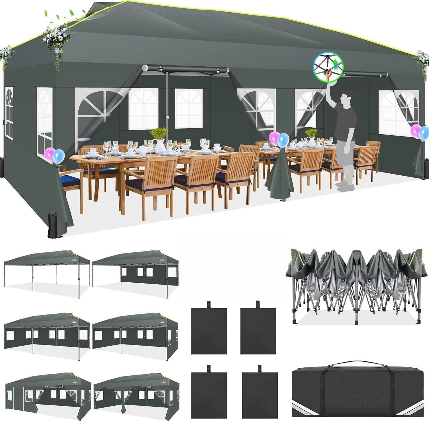 Pop-Up Tent – Partytent – Tuin Tent – Markt Tent – Waterdicht 210D Oxford Polyester – Verstelbare Hoogte – UPF 50+ Zonbescherming - Grijs - QUORE