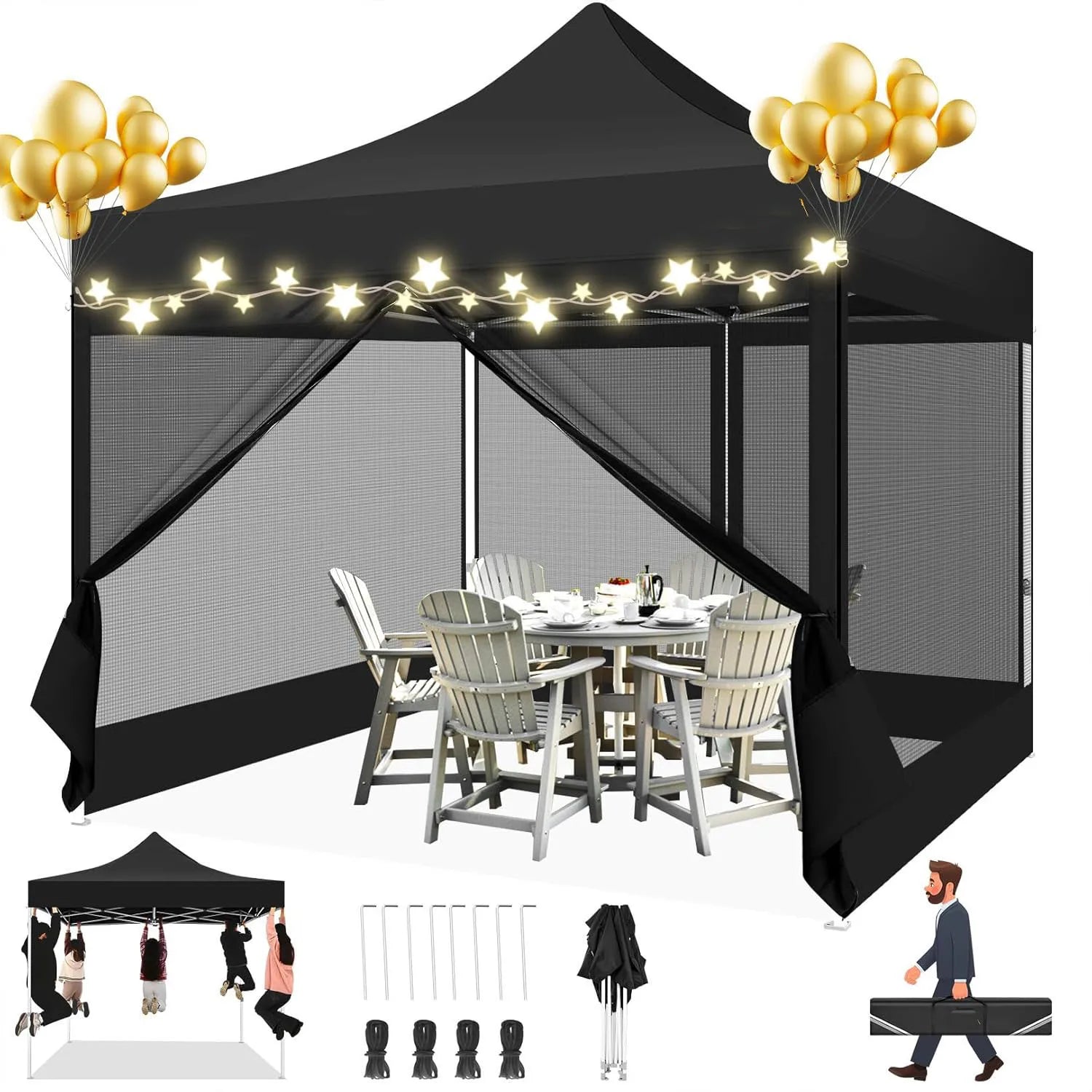 Partytent – Tuinkamer – Vouwtent – Schaduwtent – Markttent – Waterdicht – UV-Bescherming - Zwart - QUORE