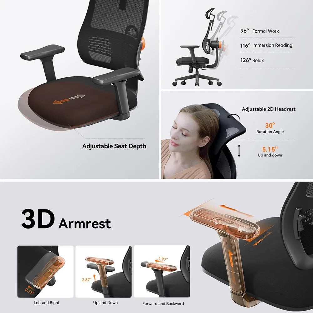 NEWTRAL MAGICH003 Ergonomic Chair, 3 Positions to Lock, Auto-Following Backrest,Adaptive Lower Back Support, 3D Armrest Recliner - QUORE