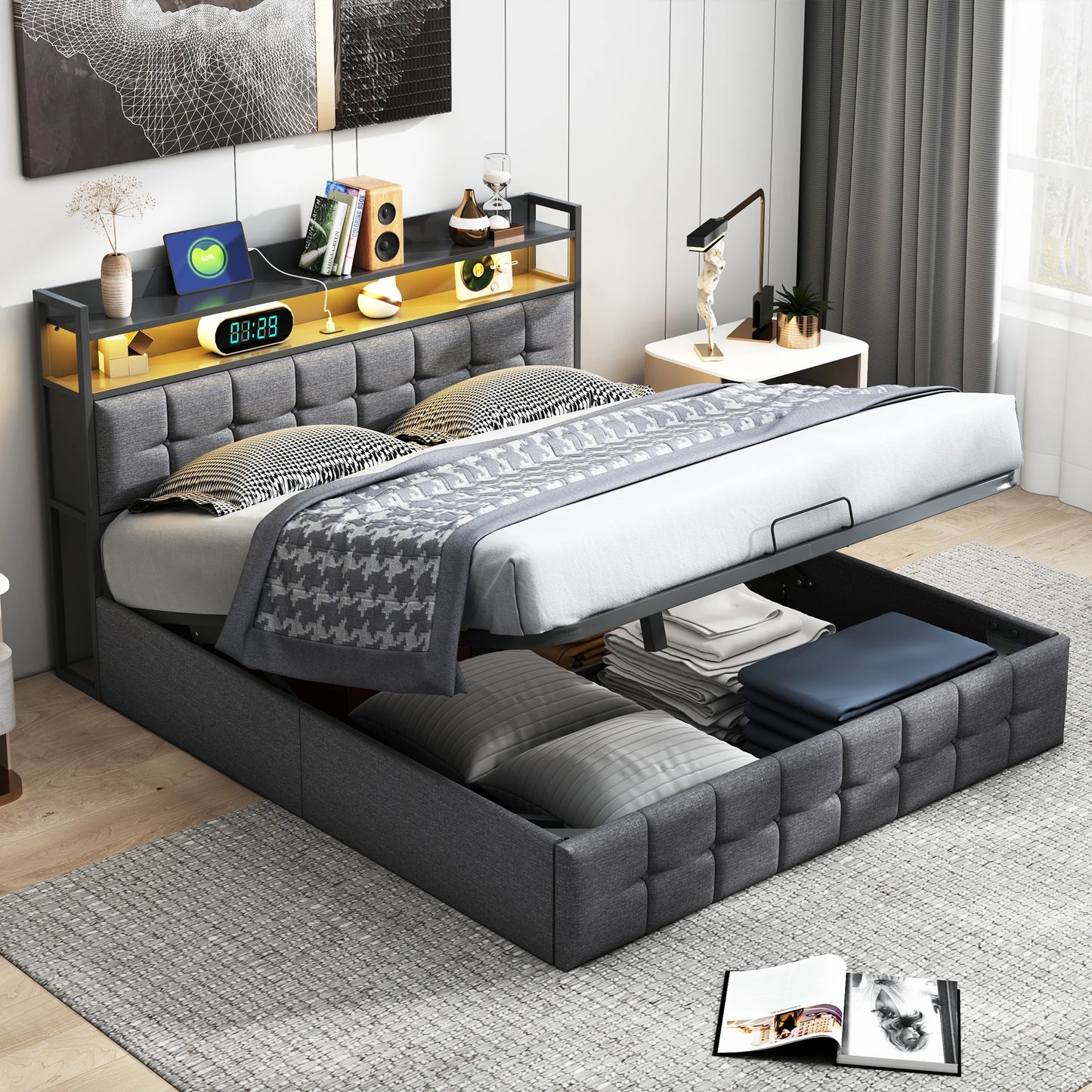 Bed Met Opbergruimte – Linnen Bed – Slaapbed – Opbergbed – Gasdrukveer Bed – 140x200 cm – Antracietgrijs Linnen Hoofdbord – Stevige Hout-Metaal Constructie