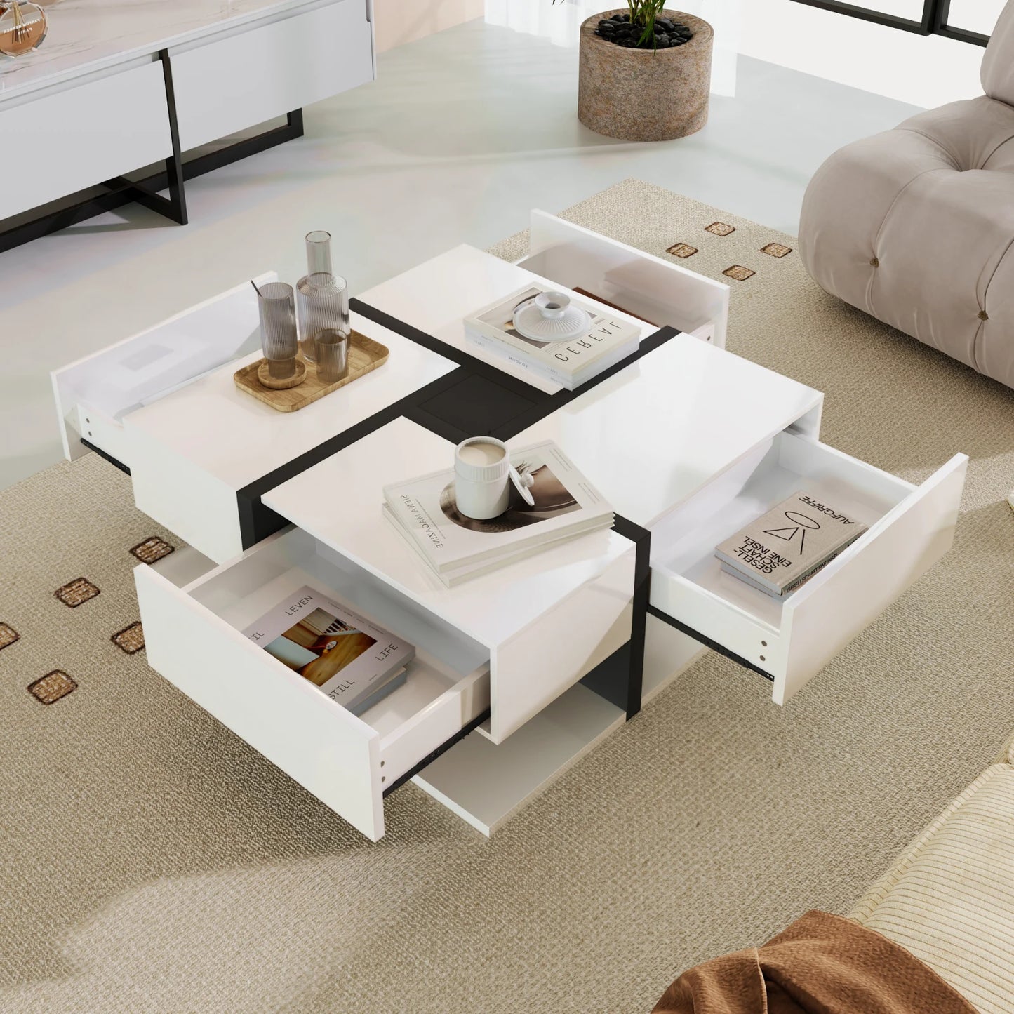 Salontafel – Koffietafel – Woonkamertafel – Opbergtafel – Vierkant – Vier Laden – Hoogglans Afwerking - 78  x 78  x 36 cm - Wit