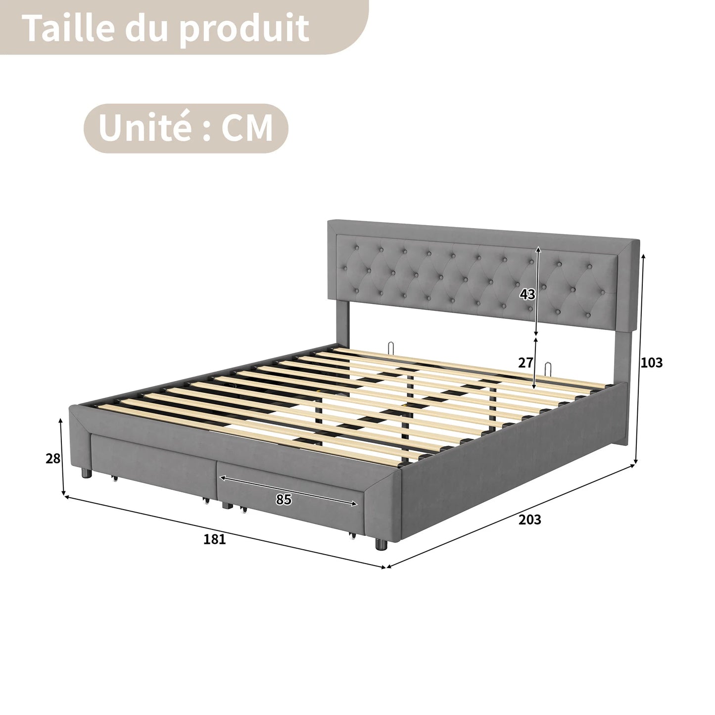 Opbergbed – Bedframe – Tweepersoonsbed – Slaapbank – Stijlvol Bed – Grijs 180x200 cm – Fluwelen Bekleding – 2 Ruime Lade Met Wieltjes