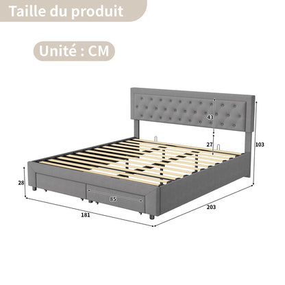 Opbergbed – Bedframe – Tweepersoonsbed – Slaapbank – Stijlvol Bed – Grijs 180x200 cm – Fluwelen Bekleding – 2 Ruime Lade Met Wieltjes