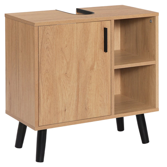 Wastafelmeubel 60x30x60,5 cm – Badkamerkast Onder Wastafel met Uitsparing – Licht Eiken met Zwarte Details – Wastafel Onderkast – Modern & Ruimtebesparend Design