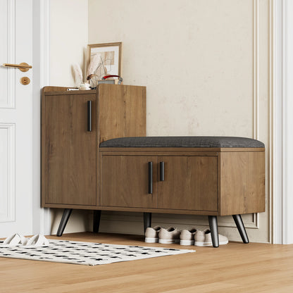 Schoenenbank – Schoenenrek – Zitbank – Opbergmeubel – Houten Frame – Comfortabel Kussen – Verstelbare Opbergruimte - 100 x 34 x 69 cm - Bruin & Grijs