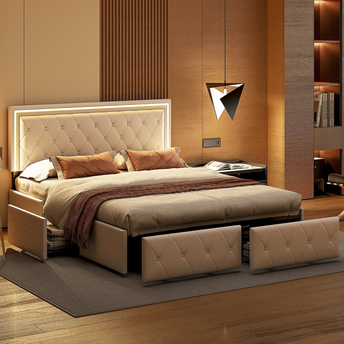 Bed – Bedframe – Slaapbed – Opbergbed – Kunstleerbed – Beige – 160x200 cm – Met 4 Opberglades – Stevig Metalen Frame