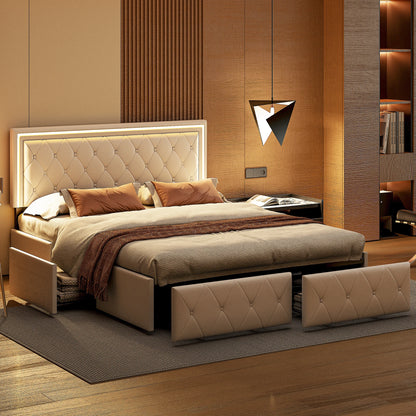 Bed – Bedframe – Slaapbed – Opbergbed – Kunstleerbed – Beige – 160x200 cm – Met 4 Opberglades – Stevig Metalen Frame
