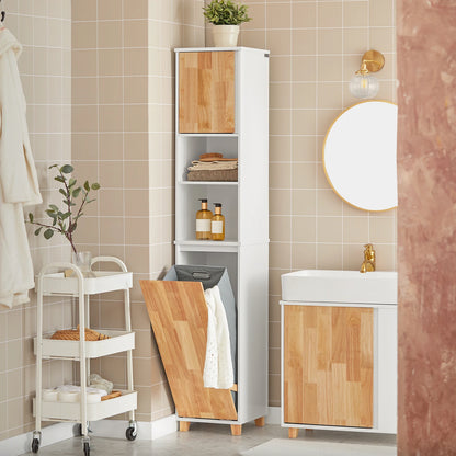 Hoge Badkamerkast – Badkamermeubel – Opbergkast – Wasmandkast – Waskast – Wit-Natuur – Inklapbare Wasmand – Stevige Rubberhouten Poten - QUORE