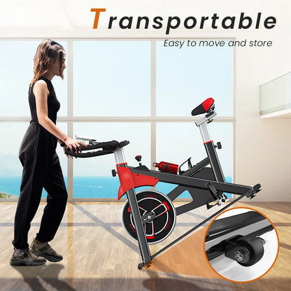 Fitness Fiets - Hometrainer - Indoor Cycle - met LCD Monitor - Stille Stationaire - Cardio - Weerstandssysteem Magnetisch - Transportwielen - Hartslagfunctie - voor Gewichtsverlies - 120kg - Rood-zwart