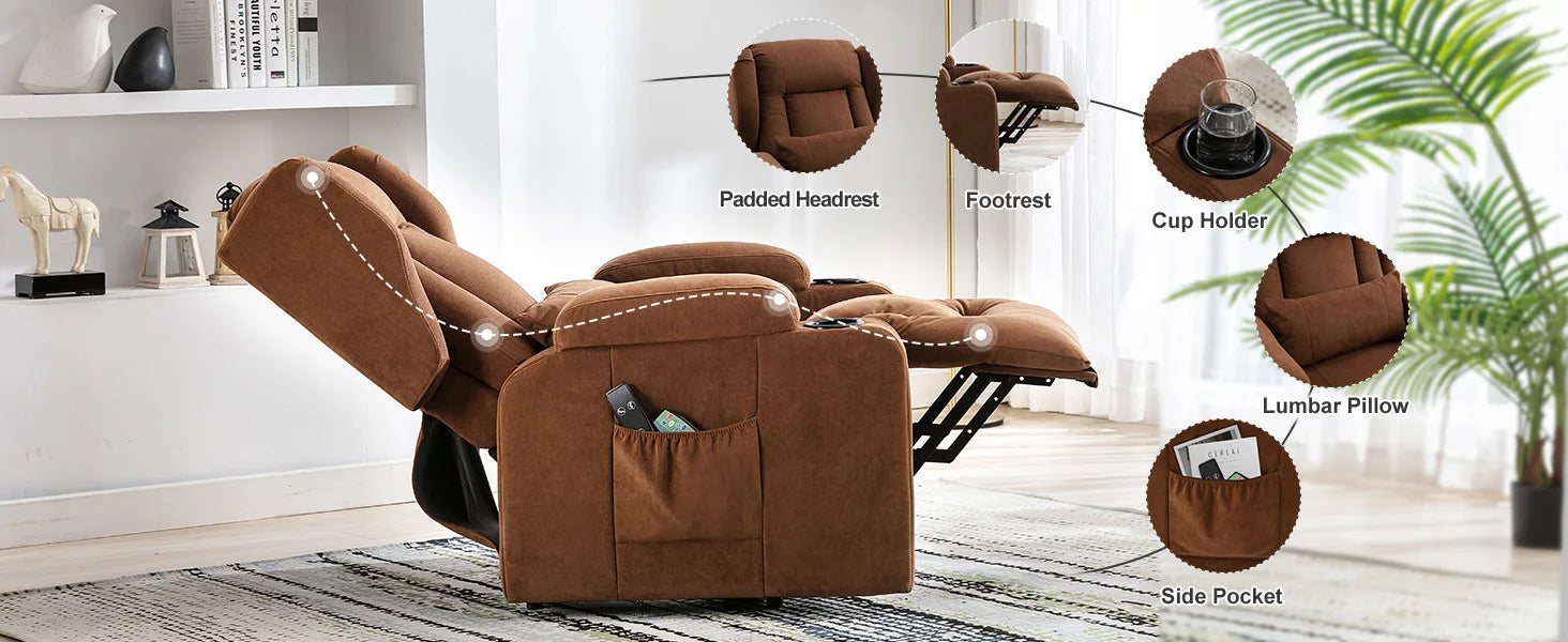 Elektrische Relaxfauteuil – Relaxstoel – Liftsysteem – Massagefauteuil – Verstelbare Rugleuning – Warmtefunctie – Draaglast 150 Kg - 75 x 83 x 100 cm - Bruin - QUORE