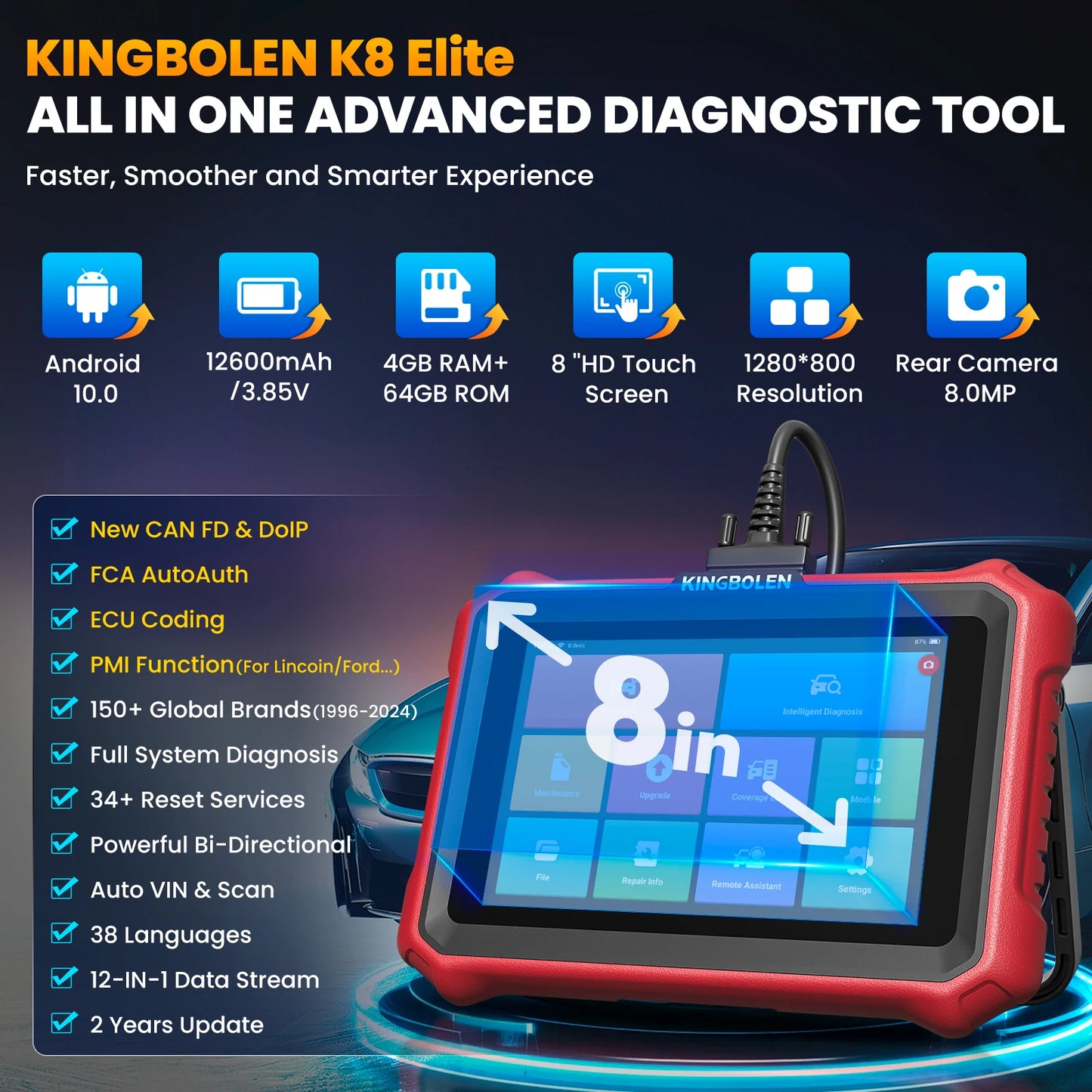 Diagnoseapparaat – OBD2 Scanner – Autodiagnose Tool – Foutcode Lezer – ECU Codering – Bidirectionele Controle – 34+ Onderhoudsfuncties – Groot 8-inch Touchscreen