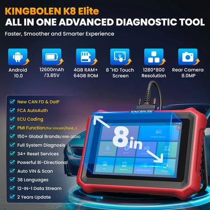 Diagnoseapparaat – OBD2 Scanner – Autodiagnose Tool – Foutcode Lezer – ECU Codering – Bidirectionele Controle – 34+ Onderhoudsfuncties – Groot 8-inch Touchscreen