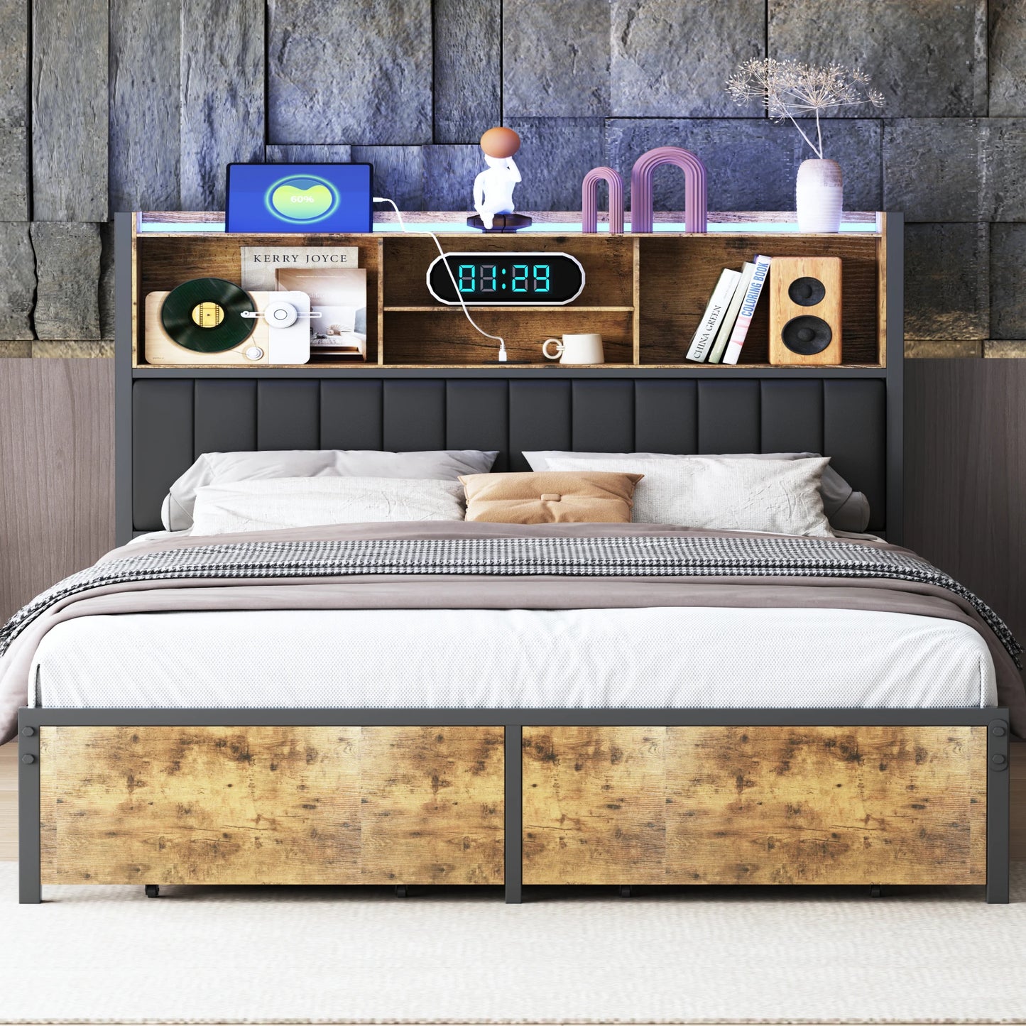 Tweepersoonsbed – 2-Persoonsbed – Ledbed – Opbergbed – Bed Met Laden – 160x200 cm – PU-Leer Hoofdbord – Verstelbare Led-Verlichting
