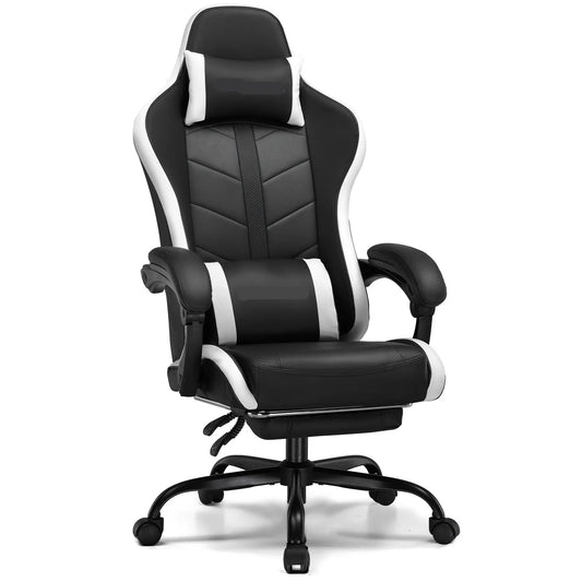 Ergonomische Gaming- & Bureaustoel – Game Stoel – Bureaustoel – Werkstoel – Relaxstoel – Verstelbare Rugleuning – Uittrekbare Voetensteun - Wit - QUORE