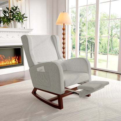Schommelstoel - Relaxstoel - Loungestoel - Met Voetsteun - Matte Stof - Kussens - Opbergzakken - Massief Houten Basis - voor Woonkamers - Slaapkamers - 64 x 67 x 99 cm - Grijs