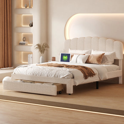 2-Persoonsbed – Tweepersoonsbed – Bedframe – Slaapbed – Jeugdbed – 140x200 cm – Verstelbaar Teddy Hoofdbord – Opberglade met USB Oplaadstation