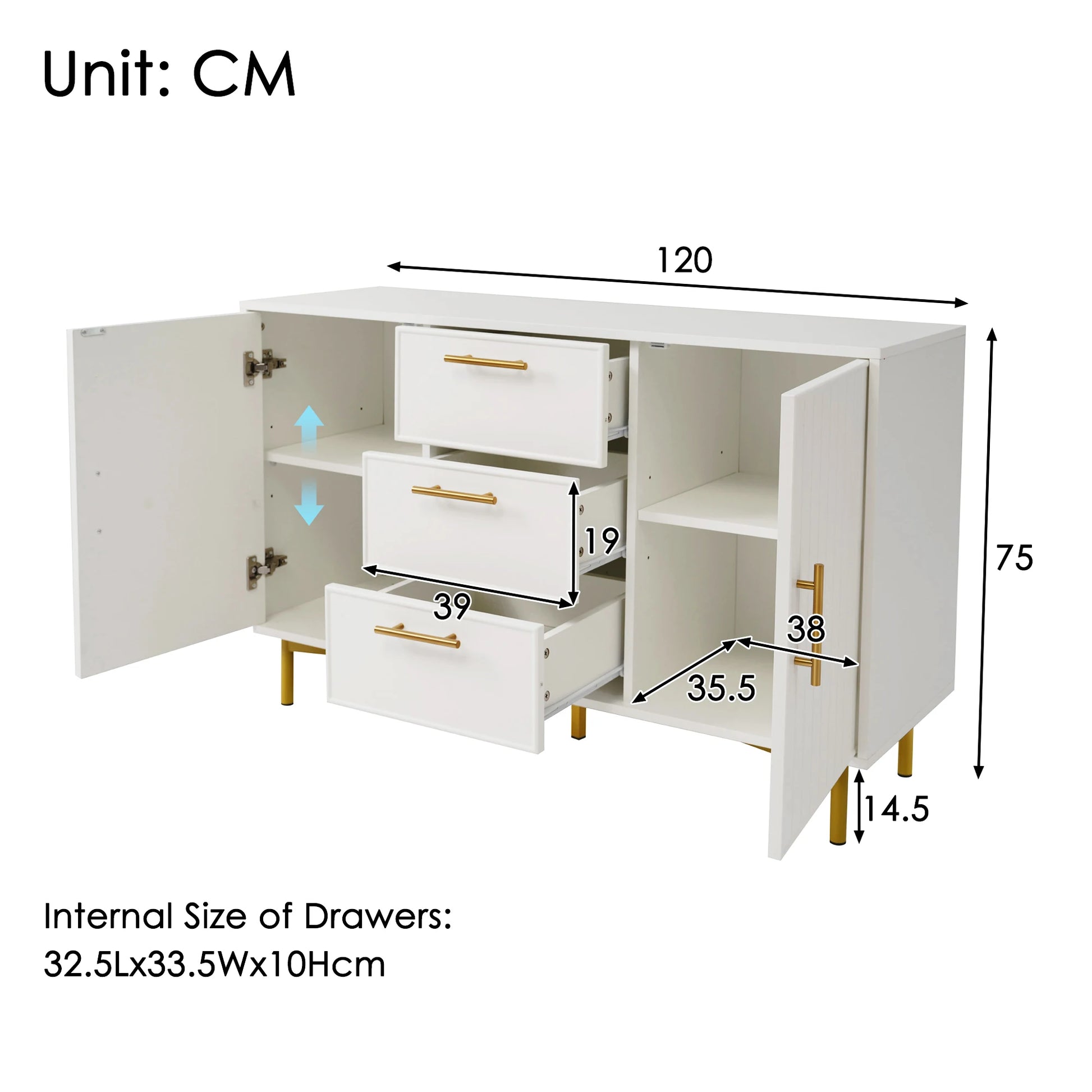 Opbergkast – Opbergmeubel – Dressoir – Kast – Drie Laden – Verstelbare Planken - 120x35.5x75cm - QUORE