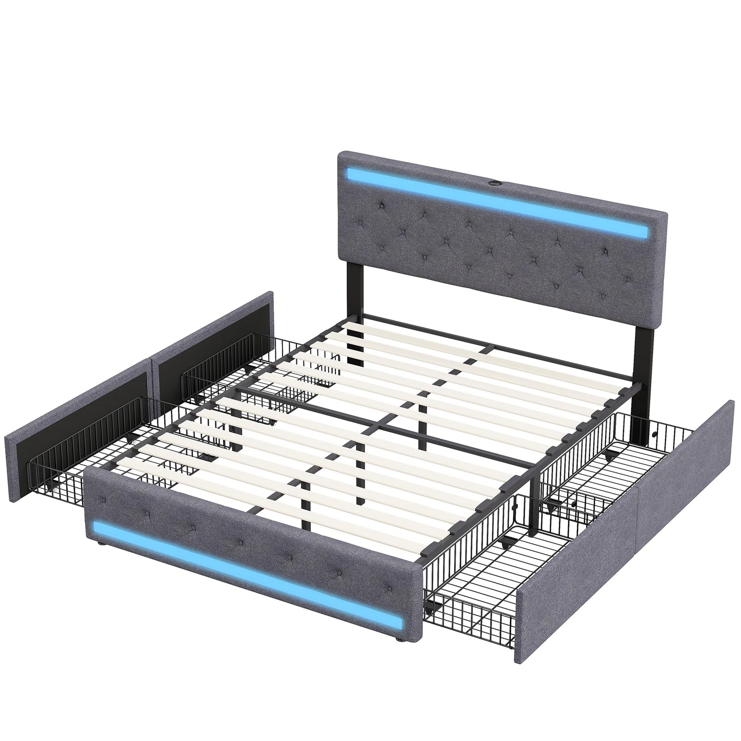 Gestoffeerd Tweepersoonsbed – Bedframe Met Opberglades – Slaapbank – Ladebed – Linnen Bed – 140x200 cm – USB Oplaadpoort – Meerkleurige LED-verlichting