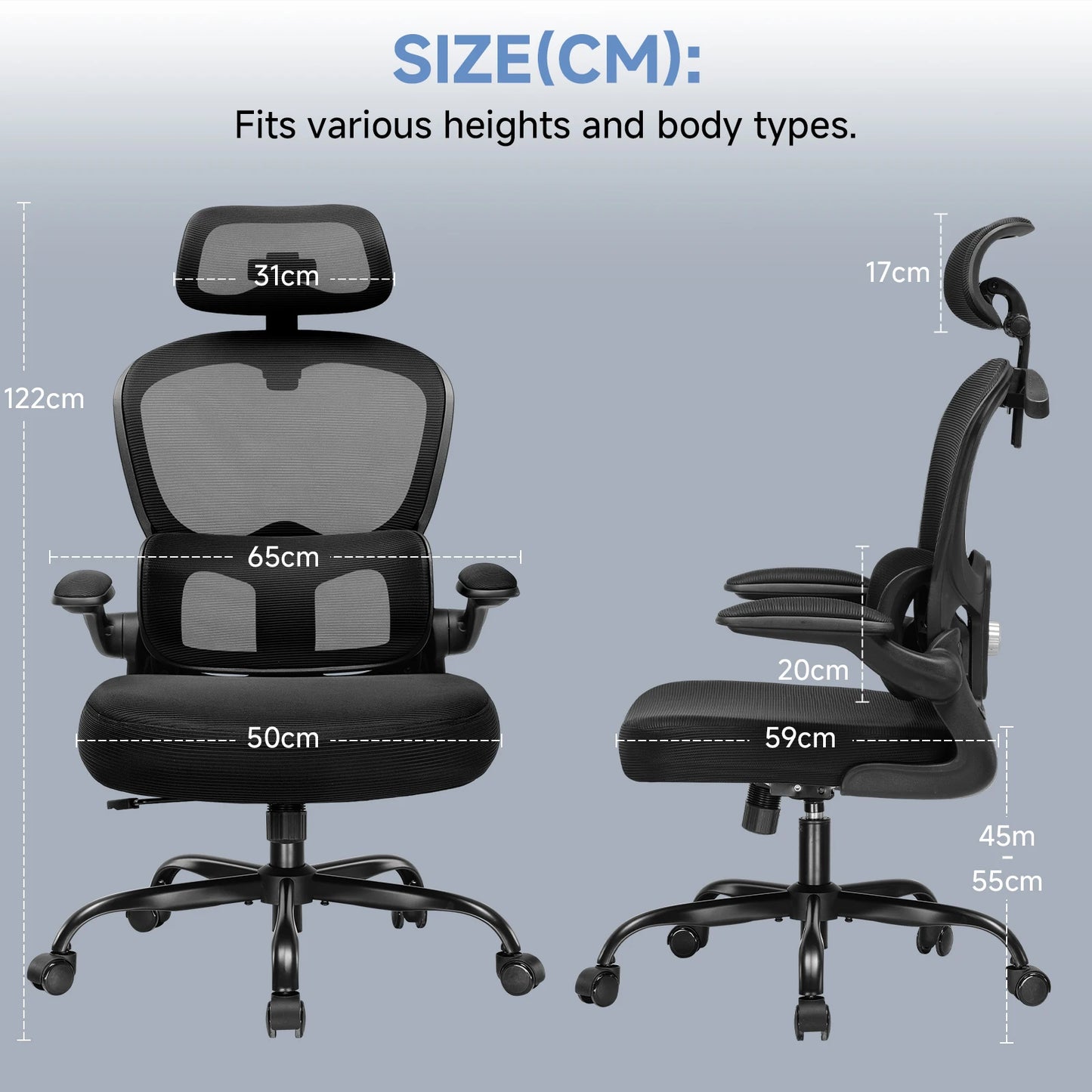 Bureaustoel – Office Chair – Gamingstoel – Werkstoel – Computerstoel – Ergonomische 3D Hoofdsteun – Verstelbare Lendensteun – Inklapbare Armleuningen – Jas- en Tashaak – Beige Mesh