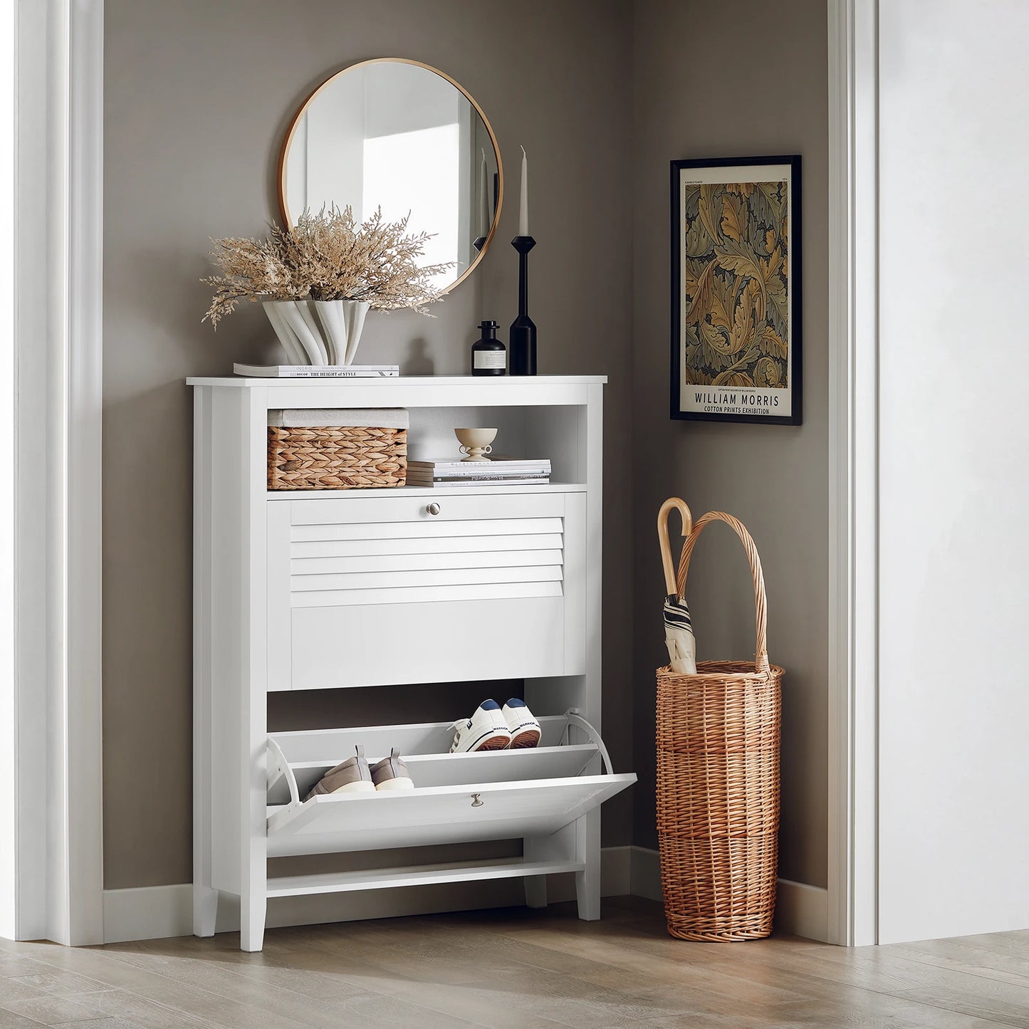 Schoenenkast – Schoenenrek – Schoenopberger – Schoenentoren – Schoenmeubel – Wit – Compact 80x108x25 cm – Stevige MDF Constructie