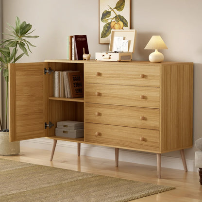 Buffetkast – Opbergkast – Ladekast – Kast Met Deur – 4 Lades – Natuurlijk Houttint – Geschikt Voor Robotstofzuiger - Houtkleur